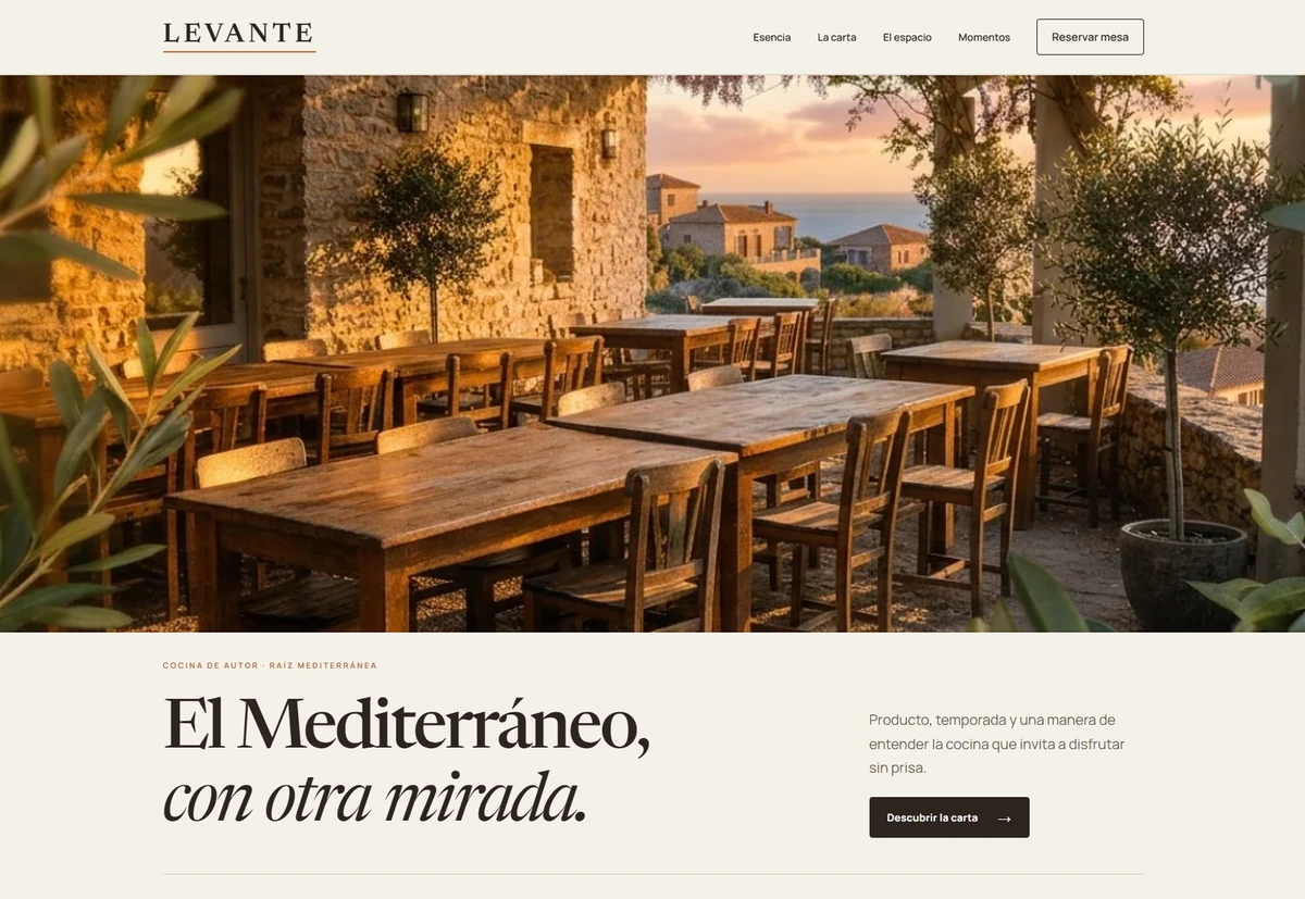 Captura real de la web conceptual LEVANTE: restaurante mediterráneo con terraza y cabecera editorial